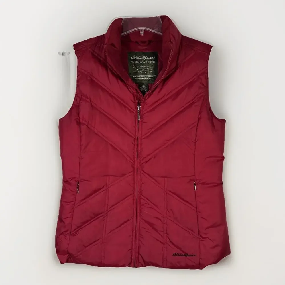 Eddie Bauer Women's S Premium Goose Down Puffer Vest Maroon Red Full Zip Quilted